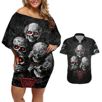 Skull Couples Matching Off Shoulder Short Dress and Hawaiian Shirt No See No Hear No Speak Evil - Wonder Print Shop