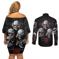 Skull Couples Matching Off Shoulder Short Dress and Long Sleeve Button Shirts No See No Hear No Speak Evil - Wonder Print Shop