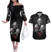 Skull Couples Matching Off The Shoulder Long Sleeve Dress and Hawaiian Shirt No See No Hear No Speak Evil - Wonder Print Shop