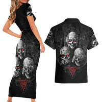 Skull Couples Matching Short Sleeve Bodycon Dress and Hawaiian Shirt No See No Hear No Speak Evil - Wonder Print Shop