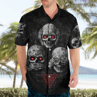 Black skull Hawaiian shirt on model, camp collar, red glowing eyes with skeleton artwork