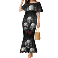 Black off-shoulder mermaid dress with skull graphic, red eyes and ruffle sleeves