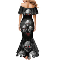 Black off-shoulder mermaid dress with large skull print and red-eyed skeleton motif