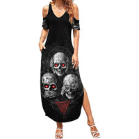 Black cold-shoulder V-neck maxi dress with skull graphic, short sleeves and side slit