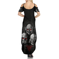 Black maxi dress, open-shoulder design, racer-back straps, skull artwork on front