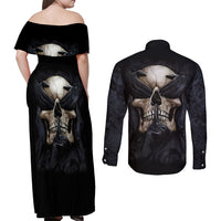 Skull Couples Matching Off Shoulder Maxi Dress and Long Sleeve Button Shirts No See Evil Red Rose Jean - Wonder Print Shop
