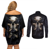 Skull Couples Matching Off Shoulder Short Dress and Long Sleeve Button Shirts No See Evil Red Rose Jean - Wonder Print Shop
