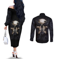 Skull Couples Matching Off The Shoulder Long Sleeve Dress and Long Sleeve Button Shirts No See Evil Red Rose Jean DT01