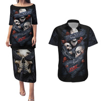 Skull Couples Matching Puletasi Dress and Hawaiian Shirt No See Evil Red Rose Jean - Wonder Print Shop