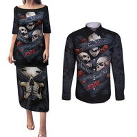 Skull Couples Matching Puletasi Dress and Long Sleeve Button Shirts No See Evil Red Rose Jean - Wonder Print Shop