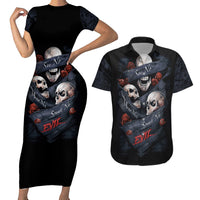Skull Couples Matching Short Sleeve Bodycon Dress and Hawaiian Shirt No See Evil Red Rose Jean - Wonder Print Shop