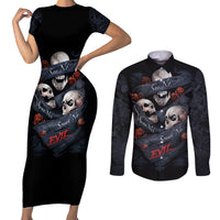 Skull Couples Matching Short Sleeve Bodycon Dress and Long Sleeve Button Shirts No See Evil Red Rose Jean - Wonder Print Shop
