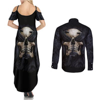 Skull Couples Matching Summer Maxi Dress and Long Sleeve Button Shirts No See Evil Red Rose Jean - Wonder Print Shop
