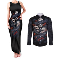 Skull Couples Matching Tank Maxi Dress and Long Sleeve Button Shirts No See Evil Red Rose Jean - Wonder Print Shop