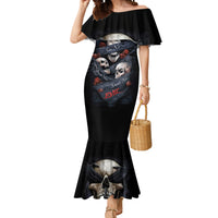 Black off-shoulder mermaid dress with skull graphic and flared fishtail hem