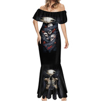 Black fitted mermaid dress with off-shoulder ruffle sleeves and skull print hem panel
