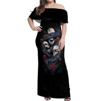 Skull Off Shoulder Maxi Dress No See Evil Red Rose Jean - Wonder Print Shop
