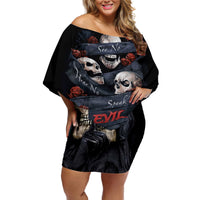 Skull Off Shoulder Short Dress No See Evil Red Rose Jean - Wonder Print Shop