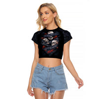Skull Raglan Cropped T Shirt No See Evil Red Rose Jean - Wonder Print Shop