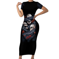 Skull Short Sleeve Bodycon Dress No See Evil Red Rose Jean - Wonder Print Shop