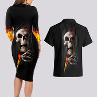 Skull Couples Matching Long Sleeve Bodycon Dress and Hawaiian Shirt Skeleton Ripped Inside Flame - Wonder Print Shop