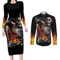 Skull Couples Matching Long Sleeve Bodycon Dress and Long Sleeve Button Shirts Skeleton Ripped Inside Flame - Wonder Print Shop