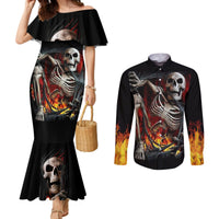 Black mermaid off-shoulder dress and long-sleeve button shirt with skull flame print