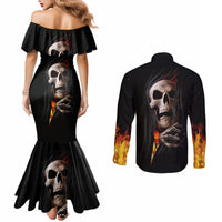 Skull Couples Matching Mermaid Dress and Long Sleeve Button Shirts Skeleton Ripped Inside Flame DT01