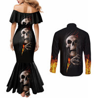 Black mermaid off-shoulder dress and long-sleeve button shirt, rear view, skull flame print