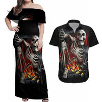 Skull Couples Matching Off Shoulder Maxi Dress and Hawaiian Shirt Skeleton Ripped Inside Flame - Wonder Print Shop