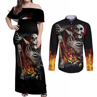Skull Couples Matching Off Shoulder Maxi Dress and Long Sleeve Button Shirts Skeleton Ripped Inside Flame - Wonder Print Shop