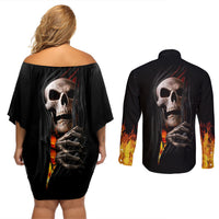 Skull Couples Matching Off Shoulder Short Dress and Long Sleeve Button Shirts Skeleton Ripped Inside Flame - Wonder Print Shop