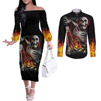 Skull Couples Matching Off The Shoulder Long Sleeve Dress and Long Sleeve Button Shirts Skeleton Ripped Inside Flame DT01
