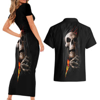 Skull Couples Matching Short Sleeve Bodycon Dress and Hawaiian Shirt Skeleton Ripped Inside Flame - Wonder Print Shop