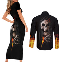 Skull Couples Matching Short Sleeve Bodycon Dress and Long Sleeve Button Shirts Skeleton Ripped Inside Flame - Wonder Print Shop