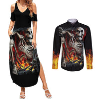 Skull Couples Matching Summer Maxi Dress and Long Sleeve Button Shirts Skeleton Ripped Inside Flame - Wonder Print Shop