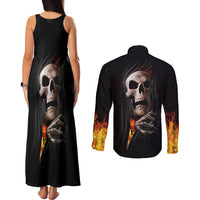 Skull Couples Matching Tank Maxi Dress and Long Sleeve Button Shirts Skeleton Ripped Inside Flame - Wonder Print Shop