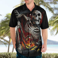 Black skeleton skull Hawaiian shirt, flame and bone graphic, camp collar, button placket