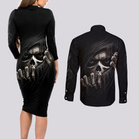 Skull Couples Matching Long Sleeve Bodycon Dress and Long Sleeve Button Shirts Evil Skeleton Look Inside - Wonder Print Shop