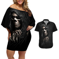 Skull Couples Matching Off Shoulder Short Dress and Hawaiian Shirt Evil Skeleton Look Inside - Wonder Print Shop
