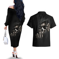 Skull Couples Matching Off The Shoulder Long Sleeve Dress and Hawaiian Shirt Evil Skeleton Look Inside - Wonder Print Shop