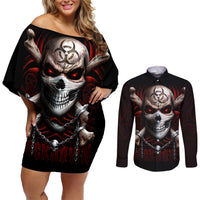 Skull Couples Matching Off Shoulder Short Dress and Long Sleeve Button Shirts Blood Skull Survivor - Wonder Print Shop