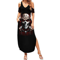 Black women's maxi dress, V-neck cold-shoulder with skull graphic and side slit