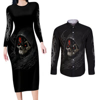 Skull Couples Matching Long Sleeve Bodycon Dress and Long Sleeve Button Shirts Black Reaper - Wonder Print Shop