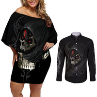Skull Couples Matching Off Shoulder Short Dress and Long Sleeve Button Shirts Black Reaper - Wonder Print Shop