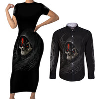 Skull Couples Matching Short Sleeve Bodycon Dress and Long Sleeve Button Shirts Black Reaper - Wonder Print Shop