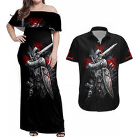 Skull Couples Matching Off Shoulder Maxi Dress and Hawaiian Shirt Death Skull Crusader - Wonder Print Shop