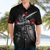 Black short-sleeve Hawaiian shirt with red-and-gray knight skull holding a sword, button front.