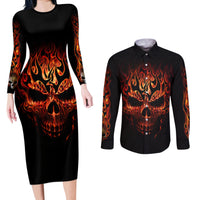 Skull Couples Matching Long Sleeve Bodycon Dress and Long Sleeve Button Shirts Fire Skull Tattoo Scream - Wonder Print Shop