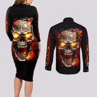 Skull Couples Matching Long Sleeve Bodycon Dress and Long Sleeve Button Shirts Fire Skull Tattoo Scream - Wonder Print Shop